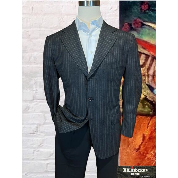 Kiton Napoli 44R Italy Gray Pinstripe Flannel Blazer Sport Coat Suit Jacket
